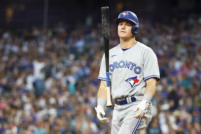 Toronto Blue Jays third baseman Matt Chapman (26) reacts after striking out (2022).